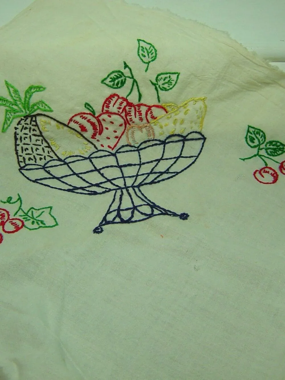 Vintage embroidered flour sack dish towel-fruit basket design